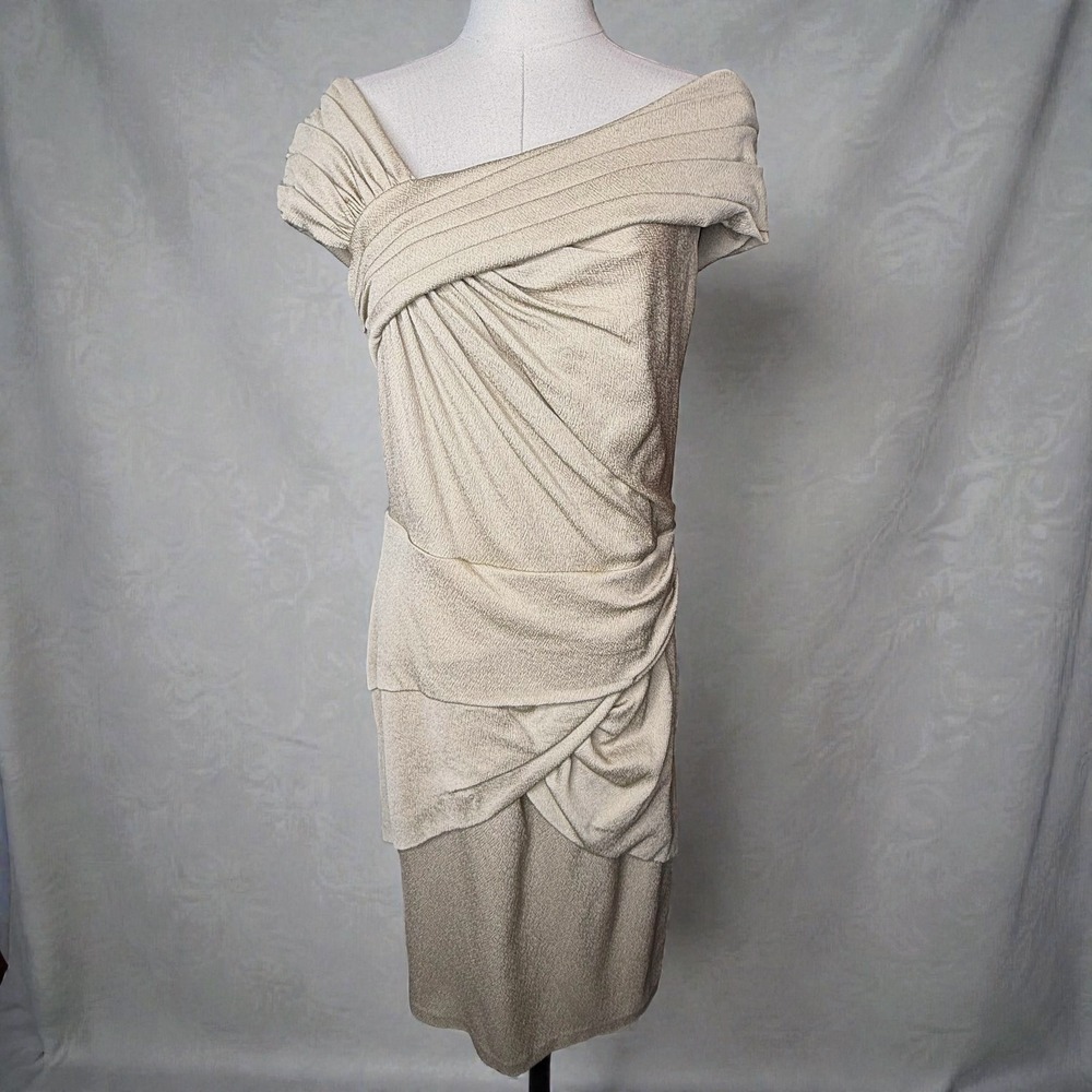 Tadashi Shoji Silk Stretch Ruched Drape Sheath Dress Champagne Gold Formal sz 14